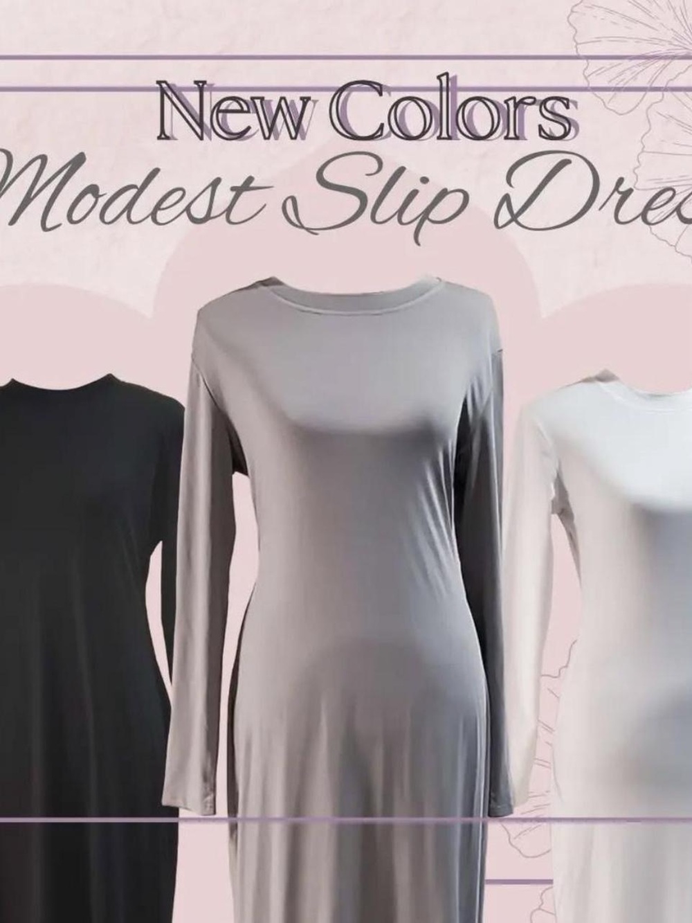 Modest Long-Sleeve Slip Dress — Gray, Black, White